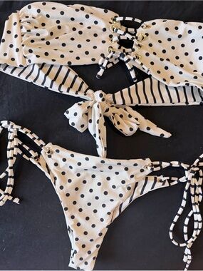 Polka Dot & Stripe Tie Bikini Set in Ivory and Black